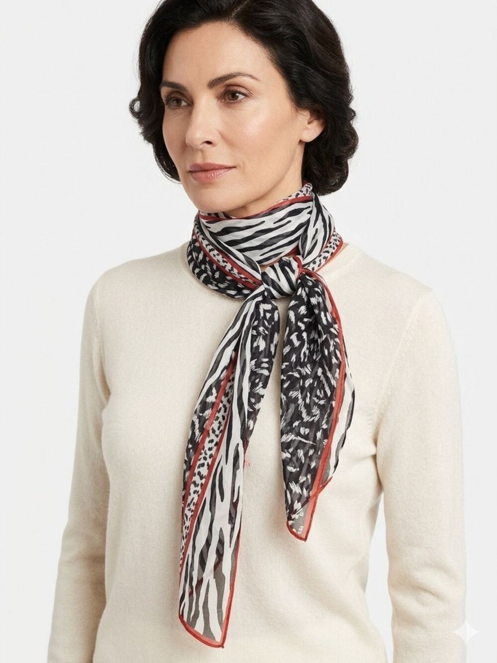 CAbi Black & White Zebra Print Scarf with Red Accent lightweight 100% silk